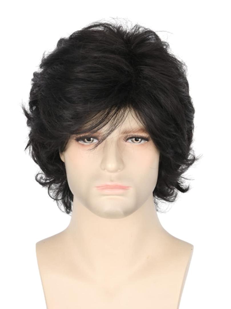 Men's Wigs 70s Wigs for Men Black Short Wavy Fluffy Wig Halloween Costume Wig