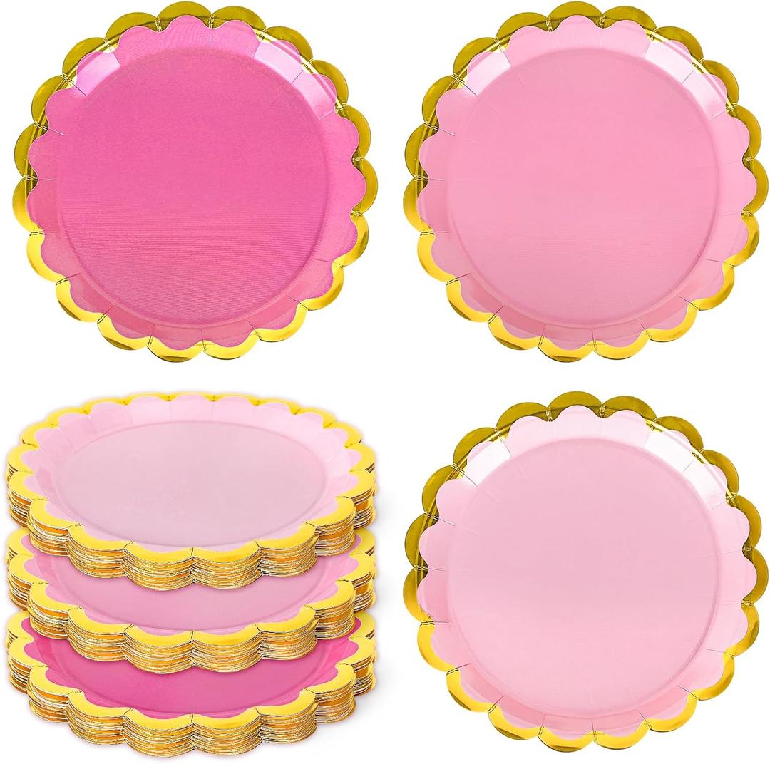 Whaline 30Pcs Pink Paper Plates Gold Foil Scalloped Border Disposable Plates 3 Colors Gradient Daisy Shape Tableware Decor for Dessert Appetizer Party Supplies, 9 Inch