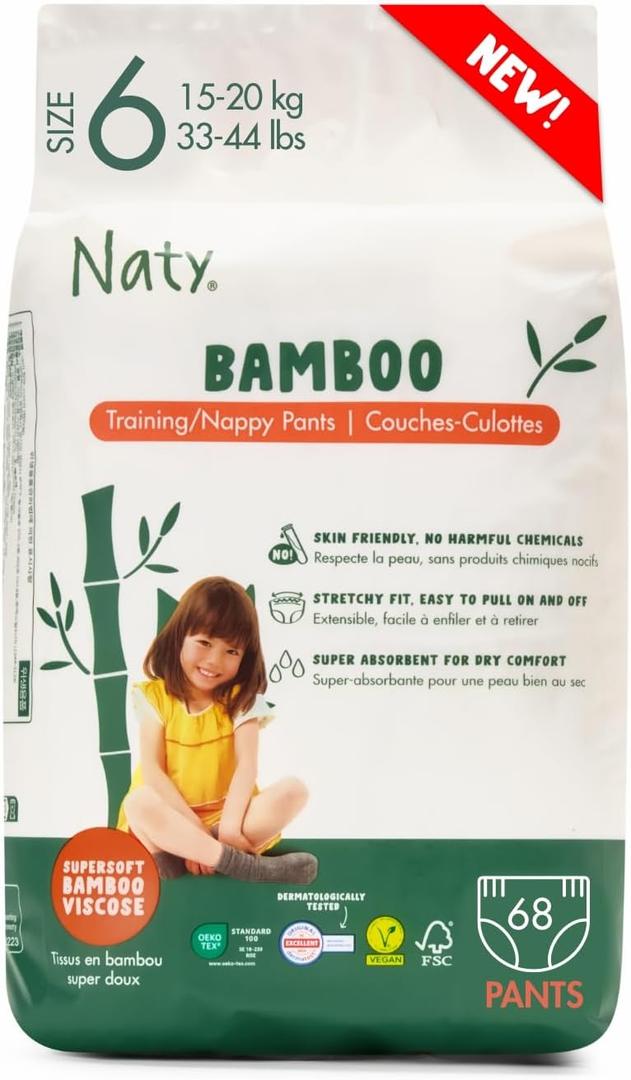 Naty Bamboo Viscose Training Pants – Silky Soft, Potty Training Underwear, Plant Based Pull ups, Dermatologically Tested for Sensitive Skin & Super Absorbent (Size 6, 68 Count)