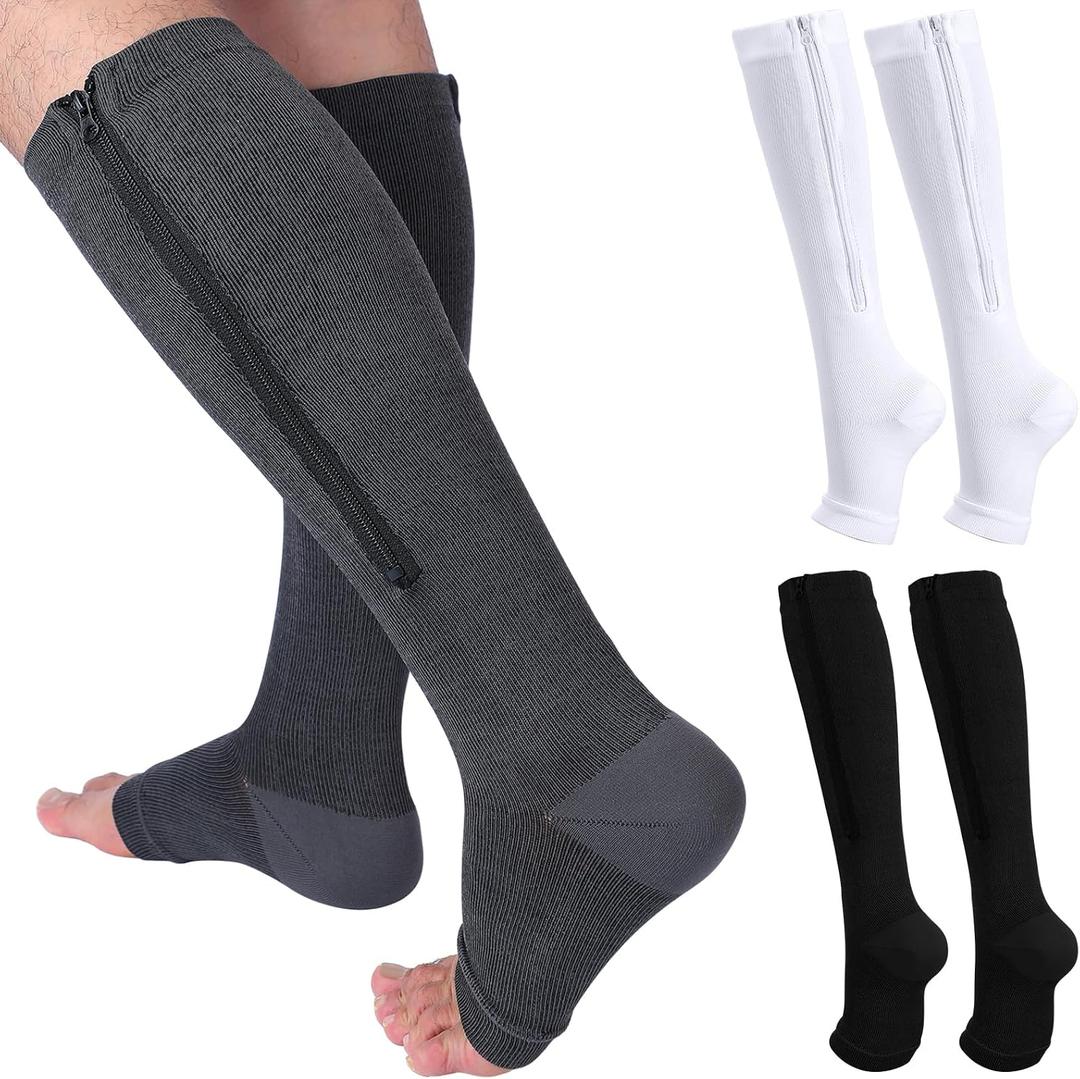 Nuanchu 3 Pairs Open Toe Zipper Compression Socks 20-30mmhg Zipper Compression Toeless Knee High Socks for Men Swelling Edema(XL,Black, White, Dark Gray)