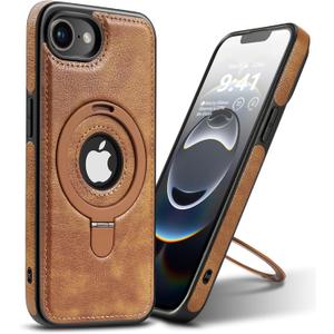 Magnetic for iPhone 17e / 16e Leather Case, Invisible Stand [Compatible with Magsafe] Slim Kickstand Phone Cove (Brown)