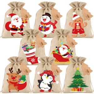 MDCGFOD 24PCS Christmas Small Burlap Bags, 5x7in Christmas Drawstring Treat Bags, Xmas Red Plaid Linen Gift Reusable Candy Goodie Wrapping for Holiday Party Favors Supplie (Brown)