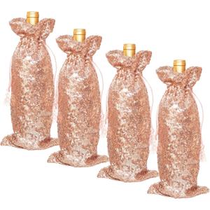 SquarePie Rose Gold Sequin Wine Gift Bag 4 Pcs with Drawstrings 5.5 x 14 Inch Glitter Bottle Covers for Christmas Wedding Birthday