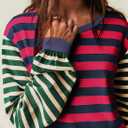 BLENCOT Women's Oversized Patchwork T Shirts Fall Long Sleeve Striped Color Block Loose Fit Pullover Tops (Red, M)