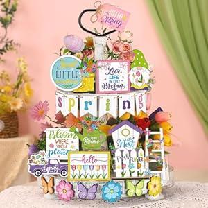 Ziliny 22 Pcs Hello Spring Tiered Tray Decor Easter Vintage Colorful Flower Butterfly Gnome Boots Wooden Centerpiece Signs with LED String Spring Easter Wooden Sign for Home Farmhouse Rustic Decor