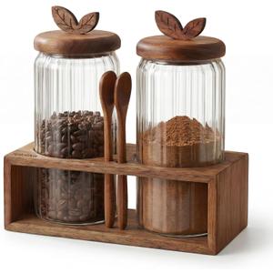 Coffee Bar Glass Canister Set 2 34 floz Airtight Glass Jars with Acacia Wood Lids, 2 Acacia Wood Spoons & Acacia Organizer Tray