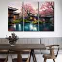 LSIUHWUWI Japanese Decor Cherry Blossom, Sakura, with Water Lake and Japonese Houses Wall art Japanese Painting Room Decor Canvas Poster Artwork Home Decor 20x40inchx3