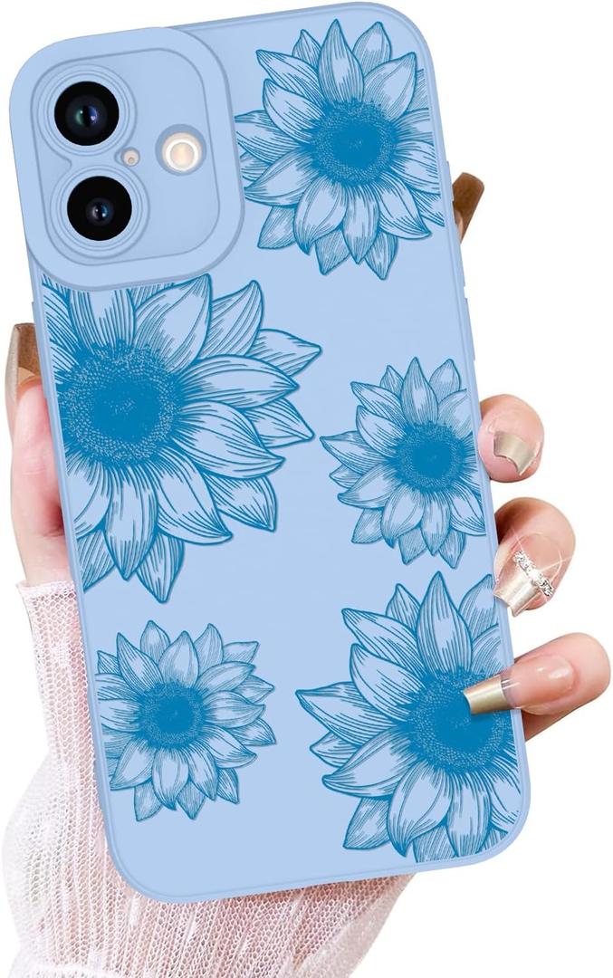 OOK Floral Case for iPhone 16 Case, Cute Sunflower Floral Blooms Design Soft TPU Shockproof Protective for Women Girls Slim Phone Cover - Blue Flower