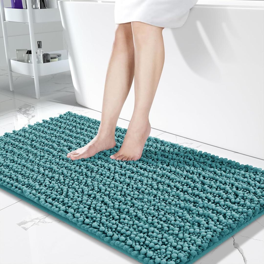 Yimobra Original Luxury Chenille Bath Mat, 44.1 x 24 Inches, Soft Shaggy and Comfortable, Large Size, Super Absorbent and Thick, Non-Slip, Machine Washable, Perfect for Bathroom, Teal Blue
