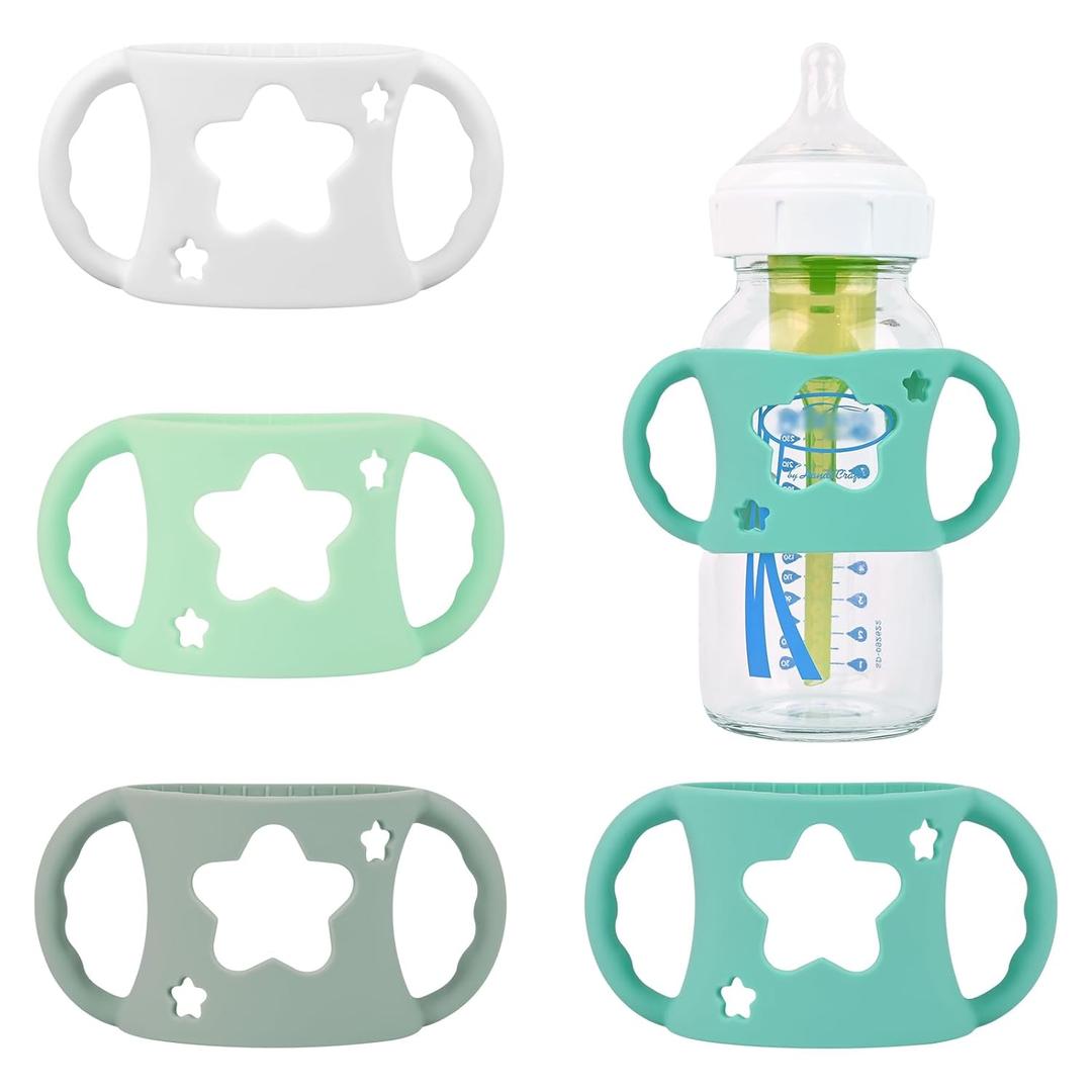 4 Pack Baby Bottle Handles, Silicone Bottle Handles for Dr Brown Wide-Neck Baby Bottles (White+Blue+Green+Grey)