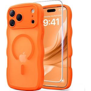 3 in 1 Magnetic for iPhone 17 Pro Max Case, Cute Wavy [Full Camera Protection][Fit for MagSafe] 1X Screen Protector+1X Wrist Strap, AntiSlip Trendy Women Girly Case for iPhone 17 Pro Max 6.9", Orange