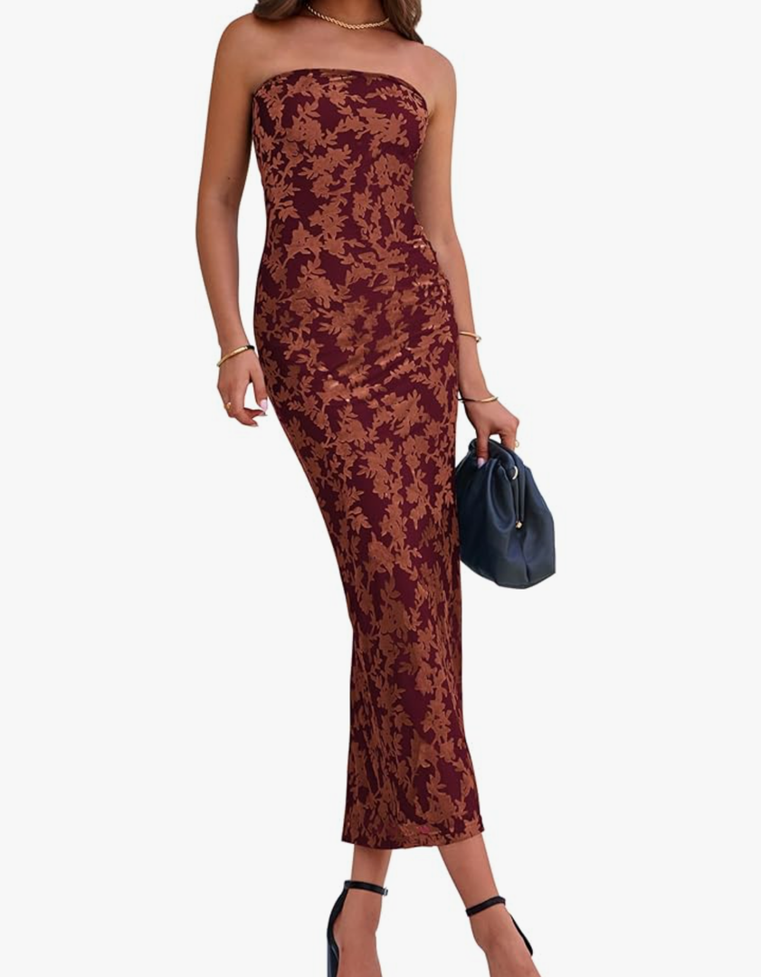 BTFBM Women Spring Dresses 2025 Elegant Wedding Guest Dresses Bodycon Tube Maxi Dress Split Floral Cocktail Dress, Red, XL