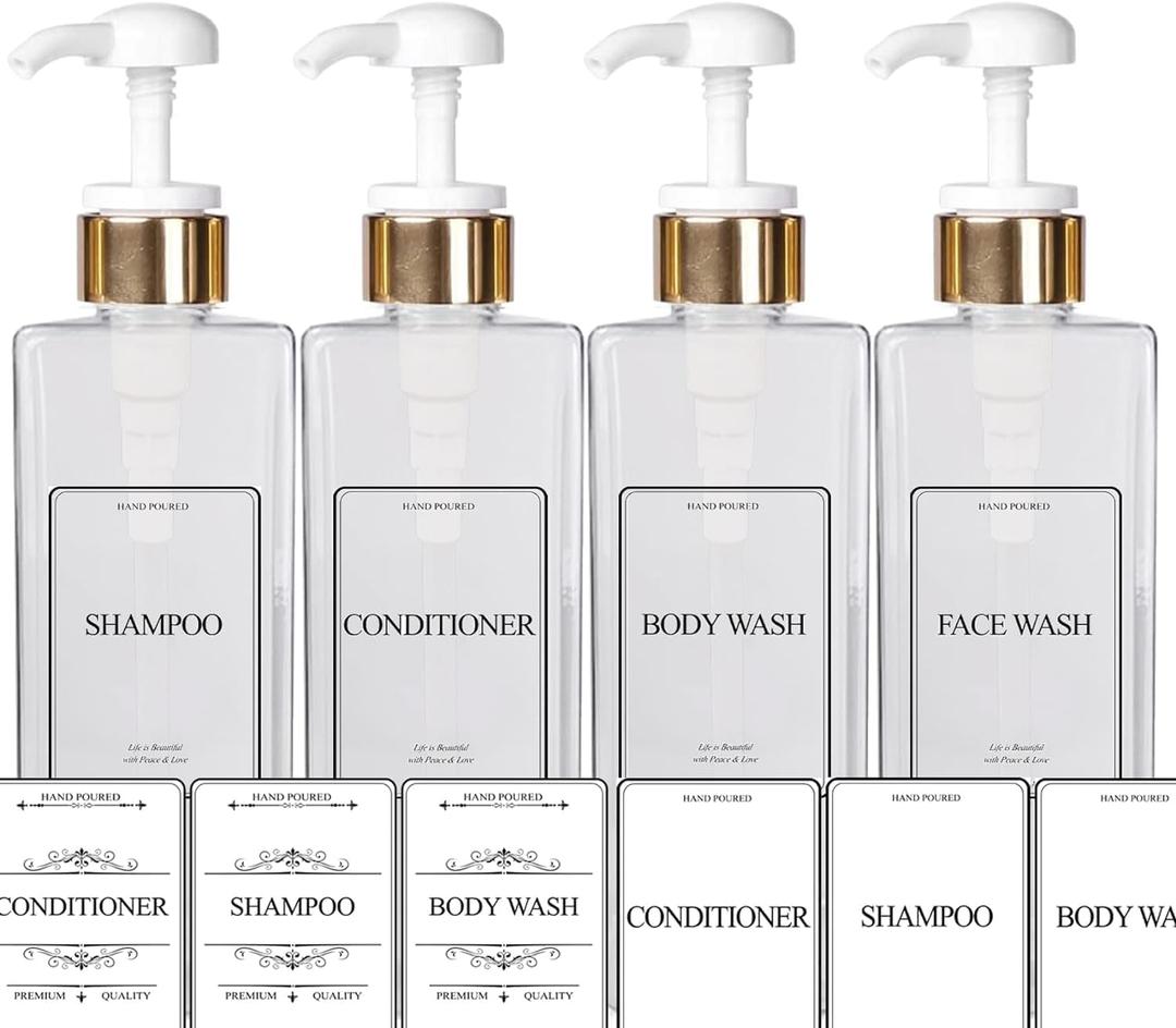 White Opaque Bottle with Gold White Head Empty Plastic Pump Bottles Square Shampoo Bottle Conditioner Soap Lotion Refillable, BPA Free for Body Wash, Moisturizer, Liquid Hand Soap, Set of 3