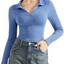 SUUKSESS Women Long Sleeve Ribbed V Neck Polo Shirts Collared Business Casual Slim Fitted Tops for Office Work. L