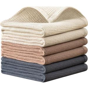 QUILTINA Dish Towels Set,100% Cotton Waffle Weave Kitchen Towels 6 Pack,17 x 25 Inches Dish Towels for Kitchen,Super Absorbent for Drying and Cleaning (Beige, Brown, Dark Grey)