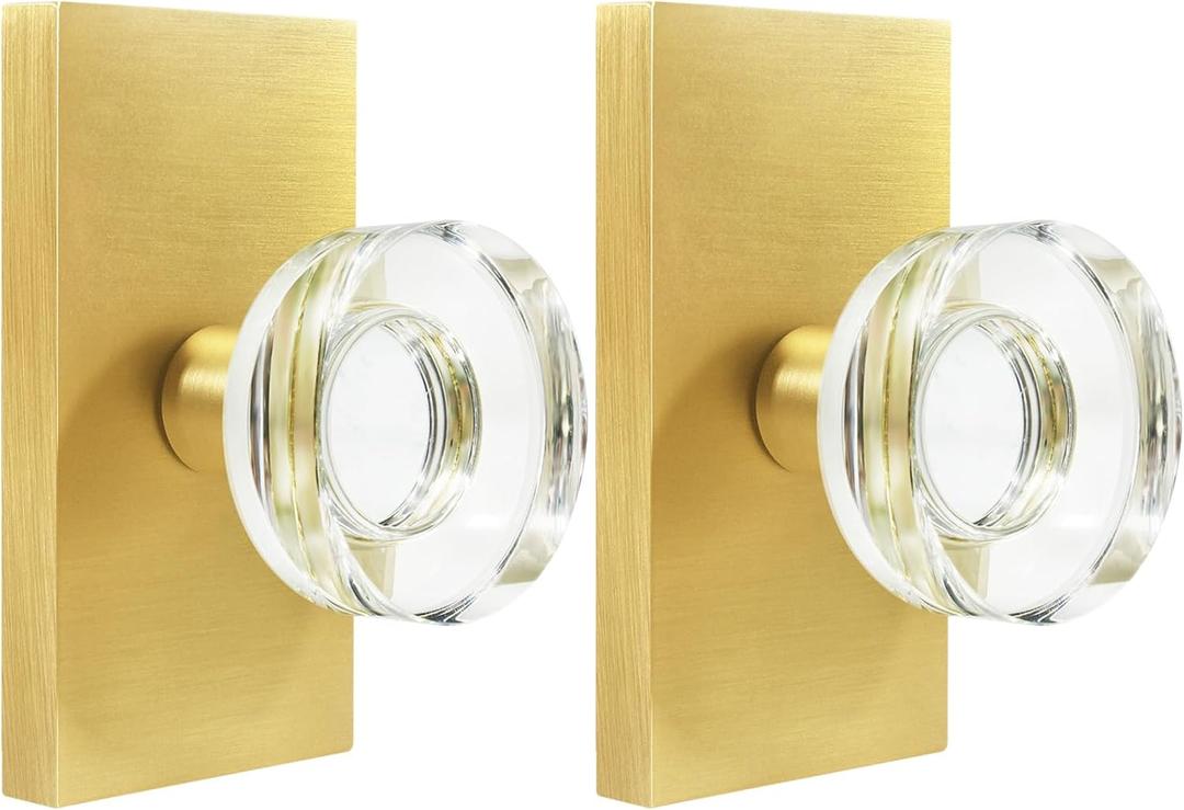 2 Pack Gold Glass Dummy Door Knob Interior, Satin Brass Crystal Dummy Door Knobs Door Handles