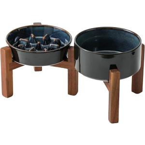 Havniva 0.9 Cup Elevated Slow Feeder Dog Bowls, 6.1 Dog Slow Feeding Bowls + 6.1 Ceramic Dog Water Bowls Set with Acacia Wood Stand, Dog Food Bowls Puzzle Feeder for Small Dogs Non-Slip Anti-Choking