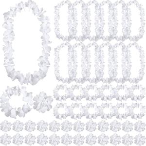 Hanaive 48 Pcs White Hawaiian Flower Lei for Wedding Bulk Tropical Floral Luau Necklace Beach Hawaiian Garland Necklace Bracelets Headband Apparel Accessories for Wedding Beach Bride Party Dress up