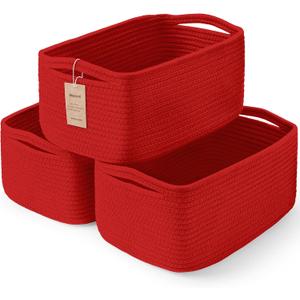3-Pack Small Storage Baskets for Organizing | Woven Shelf Toy Basket | Rope Baskets for Gifts Empty | Closet Organizer Bins with Handles | Cube Decorative Box | 11.87.85.1 | Christmas Red