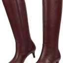 wetkiss Rhinestone/PU Low Chunky Pointed Toe Knee High Boots for Women with Full Bling Sparkly Crystals Booties for Wedding Party Date Dress (7, Kitten Burgundy Red)