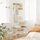 Hall Tree with Bench and Shoe Storage, 3-in-1 Coat Rack Shoe Bench, Freestanding Wooden Coat Rack with Metal Frame, 3-Tier Storage Shelf and 9 Removable Hooks, White/Walnut