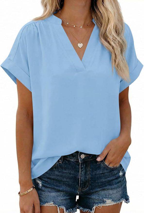 Cicy Bell Womens Short Sleeve V Neck Blouses Dressy Casual Summer Loose Shirts Trendy Business Pleated Tops, size S
