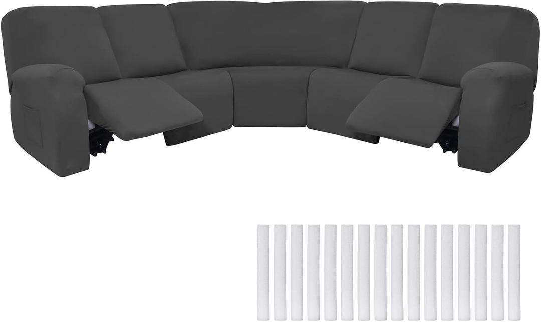 Peryiter 7 Pcs L Shape Sectional Recliner Sofa Covers 5 Seat Sectional Couch Covers Milk Silk Velvet Stretch Reclining Sofa Slipcover Furniture Protector for Living Room(Dark Gray,Milk Silk)