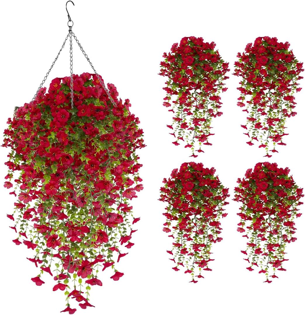 Artificial Hanging Flowers, Imitation Silk Wisteria Vines, Suitable for Indoor and Outdoor Decorations on porches, patios, and Balcony Gardens (4Pcs, red)