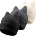 3 Pack Winter Cat Ear Knit Beanie Hats for Women, Soft Warm Slouchy Beanies, Stretchy Cuffed Caps for Adults