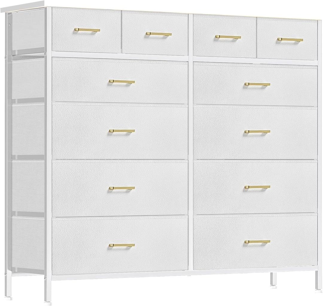 Compact 12 Drawers Dresser for Bedroom, Fabric Storage Tower, Chest of Drawers with Retro Wood Top for Closet, Nursery, Living Room (White)