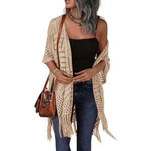 HOTOUCH Womens Knit Cardigan Open Front Outwear Hollow Out Crochet Tassel Lightweight Kimonos Sweater,Size: Large