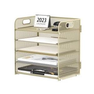 Supeasy 5 Trays Paper Organizer Letter Tray with HandleMesh Desk File Organizer, Paper Sorter Desk Organizer for Office, Home or School (Golden)