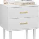 26 H White Nightstand with 2 Drawers, Small Night Stand with Gold Handles, Bedside Table with Solid Wood Legs, Tall Nightstands for Bedroom
