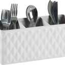 Silverware Caddy for Party Kitchen Flatware Holder for Countertop Metal White Diamond Pattern Embossed Cutlery Organizer with 3 Compartments for Utensils, Spoons, Knives, Forks, Cups,