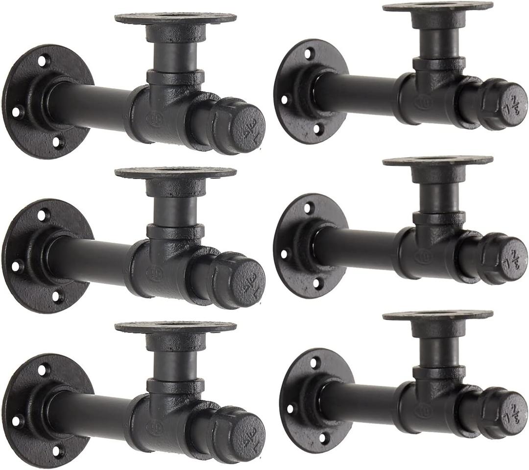 Industrial Pipe Shelf Bracket 6.7",Iron L Pipe Shelving Wall Floating Shelf Bracket for 6-12" Board,Industrial Pipe Shelves Heavy Duty Black Metal Pipe Clothing Rack 6 Pack, Include Accessories