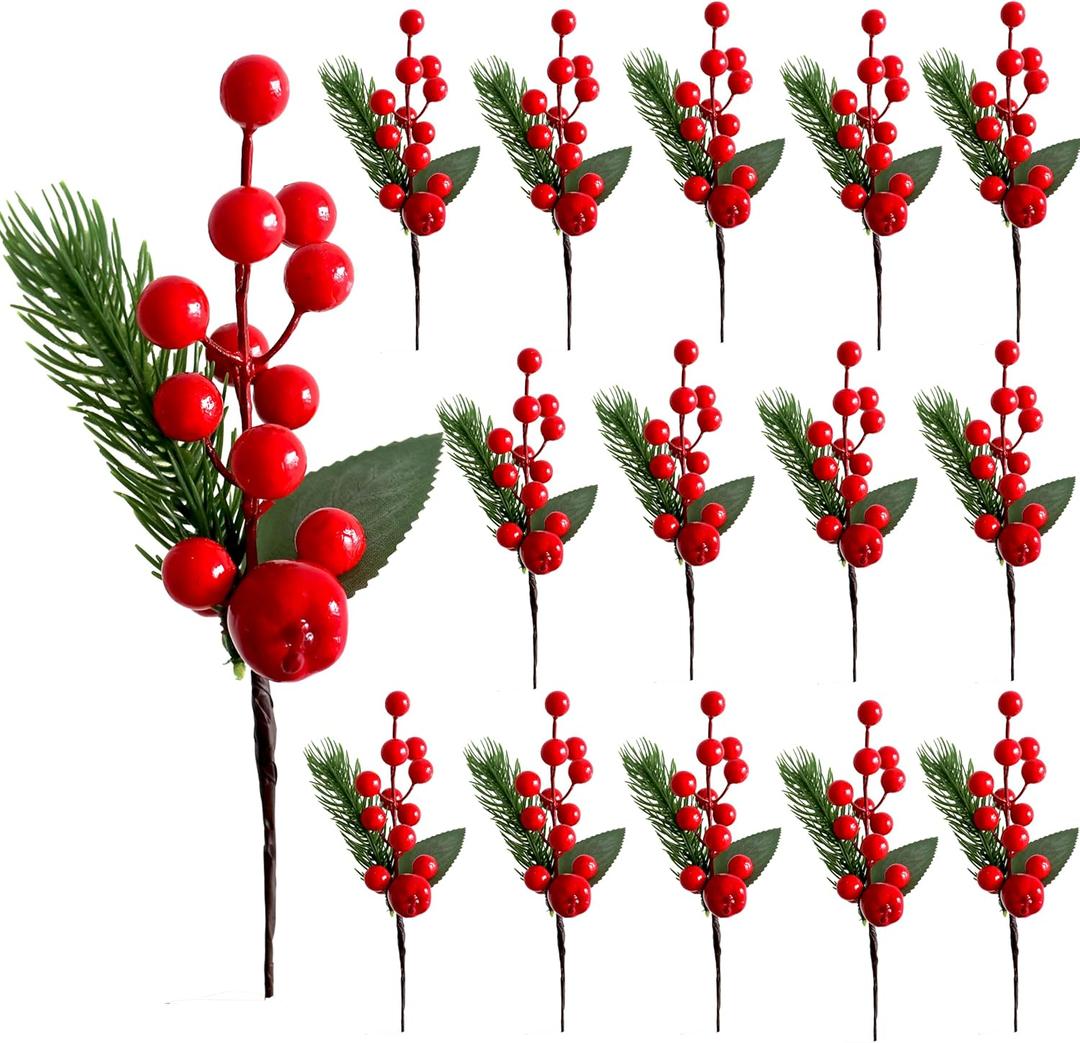 15 Pcs Artificial Red Berries Pine Stems 8 Inch,Christmas Floral Picks Holly Berry Branches Crafts for Xmas Winter Holiday Decor Greenery