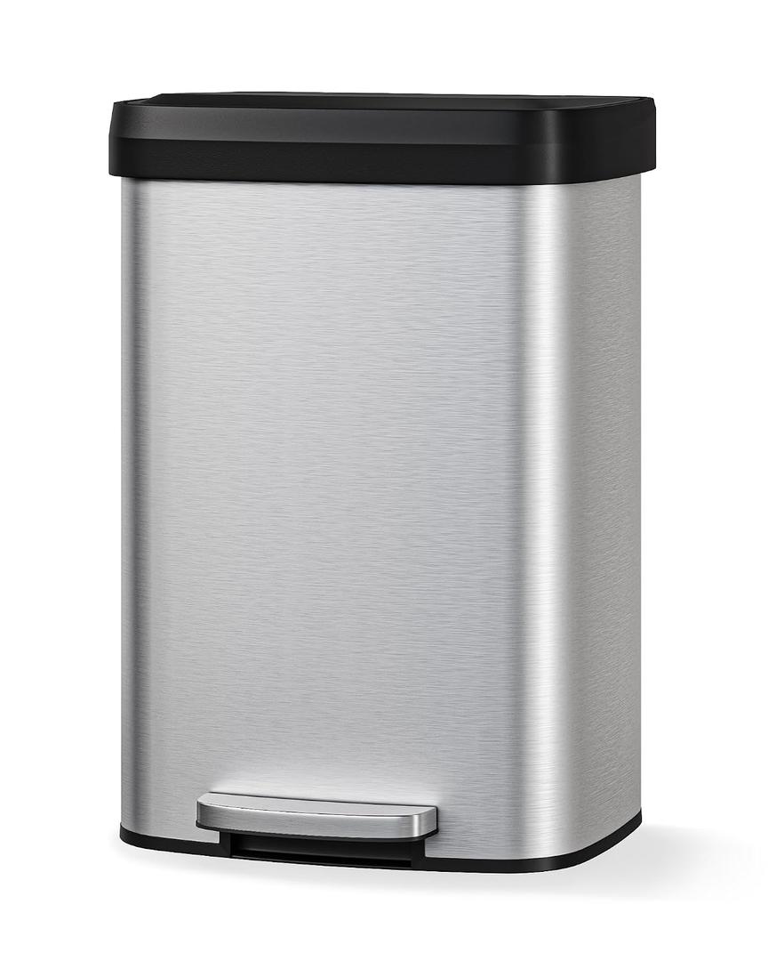 Garvee 13 gal / 50 L Stainless Steel Trash Can with Lid, Large Garbage Can for Kitchen, Rustproof Step-on Kitchen Metal Trash Bin with Liner Rim, Rear Handle, Soft Close Plastic Lid, Silver