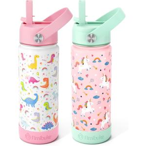 Fimibuke Kids Insulated Water Bottle, 18oz BPA FREE Kid Cup with Straw Double Wall Vacuum Tumbler 18/8 Stainless Steel Leak Proof Toddler Water Bottle for School Boys Girls (2 Pack, Unicorn/Dinosaur)