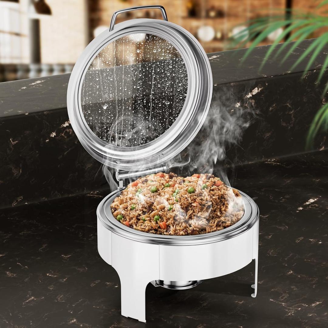 Chafing Dishes for Buffet, 6QT Round Stainless Steel Chafing Dish with Transparent Hydraulic Lid, 304 Food Pan, Buffet Warmer for Parties and Events (White)