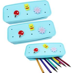 Cute Silicone Pencil Pouch Pencil Case with DIY Holes and 3 Decoratives(Random) Travel Makeup Brush Bag suitable for travel home 7.48inch (Blue,2 Packs)