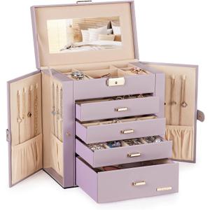 Homde Synthetic Leather Huge Jewelry Box Mirrored Watch Organizer Necklace Ring Earring Storage Lockable Gift Case (Grey Purple + Gold)