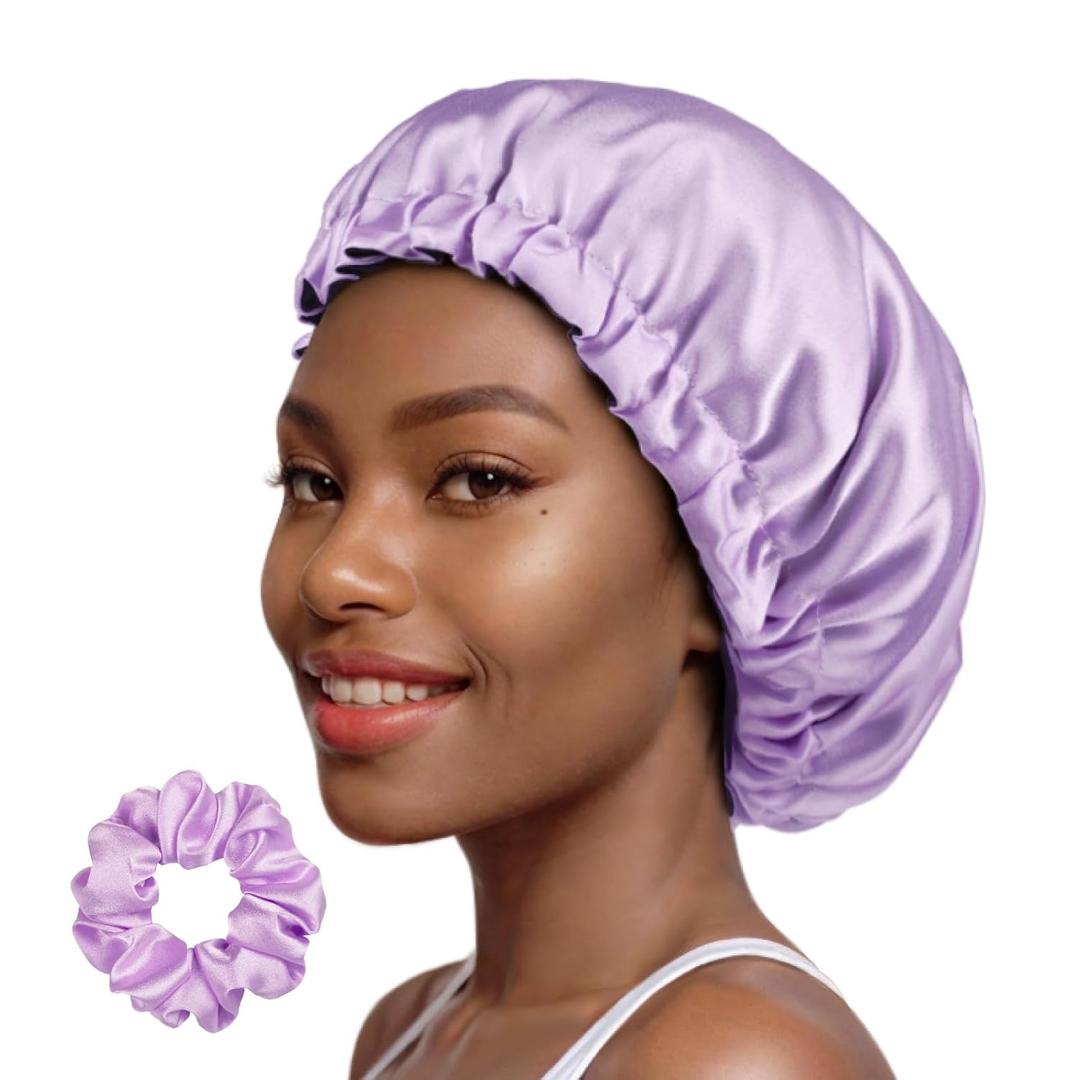 PARISBELLA Reversible Silk Satin Bonnet For Sleeping, Adjustable Sleep Cap for Curly Hair, Chic Hair Wrap With Scrunchy, Lavender, Medium, Pack of 1