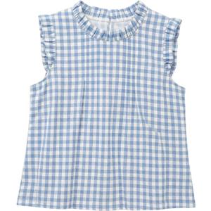 GORGLITTER Women's Gingham Peplum Blouse Top Ruffle Plaid Sleeveless Frilled Collared Tank Top Cute Summer Going Out Outfits Blue and White Large (L)