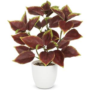 Artificial Plants Indoor 14.2" Small Fake Perilla Plant in Pot Potted Plants Artificial Decor Faux House Plant with White Pot for Farmhouse Home Office Bathroom Living Room Table Shelf Decor