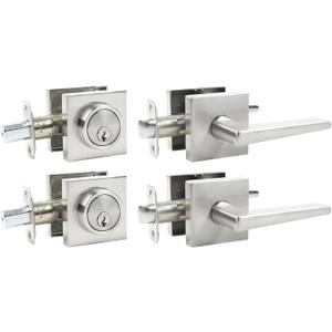 Deadbolt Lock and Door Knob Set, Exterior Door Lock Set with Deadbolt, Square Dead Bolt Locks For Exterior Doors, Heavy Duty Entry Door Lever with Single Cylinder Deadbolt, (Satin Nickel 2Pack)