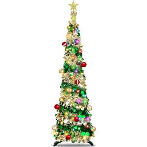 [Timer & 8 Modes] 6 Ft Lighted Slim Christmas Tree Happy New Year 2025 with 100 Warm White & Multicolor Changing Lights Battery Powered Big 3D Star,Tinsel Pop Up Holiday Decoration (Champagne Gold Green)