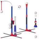 HYES 3-in-1 Baseball Set for Kids 3-5 - Tee Ball Stand, Hanging Tee, Ball Launcher and 6 Softballs - Adjustable Height, Indoor/Outdoor Sport Gifts for Boys Girls, Blue