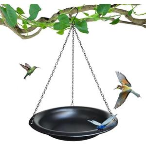 Hanging Bird Bath Outdoor 11.5" Metal Bowl with 15.5 in Rust-Proof Chains,Weather-Resistant Garden Birdbath with Magnetic Dragonfly for Backyard Decor,Matte Black