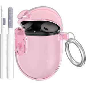 OTOPO Lock Case for Google Pixel Bud A-Series (2021) / Pixel Buds 2 Clear Case (2020) with Cleaner Kit, Soft TPU Transparent Protective Cover with Carabiner, Pink