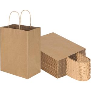 Toovip 50 Pack 8x4.75x10 Inch Medium Plain Brown Kraft Paper Bags with Handles Bulk, Gift Bags for Favors Grocery Retail Party Birthday Shopping Business Goody Craft Merchandise Take Out Sacks